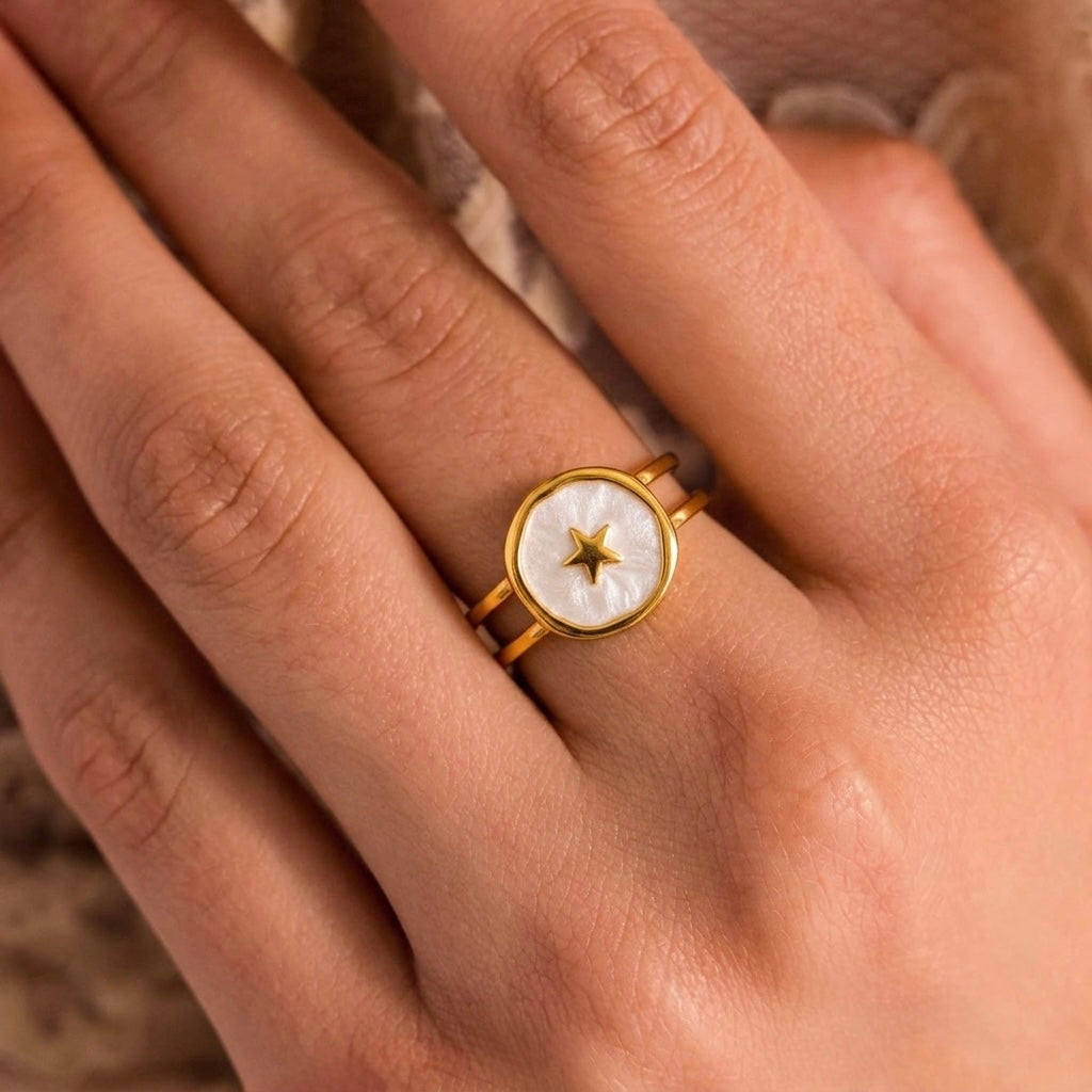 Anillo ajustable estrella blanca - acero inoxidable