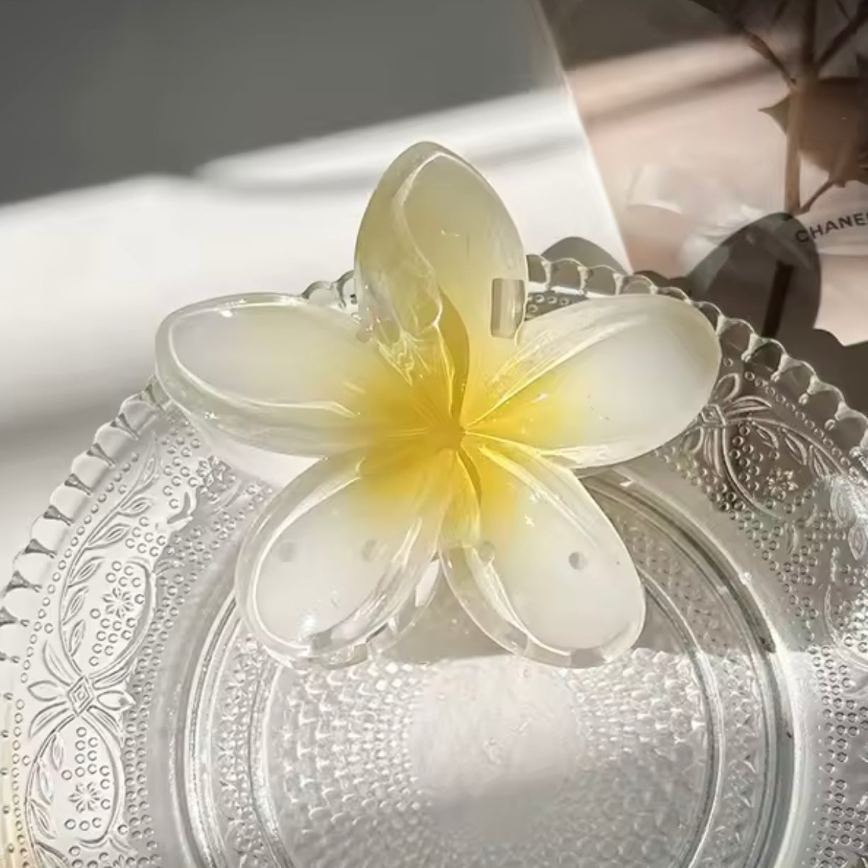 Pinza de flor blanca y amarilla