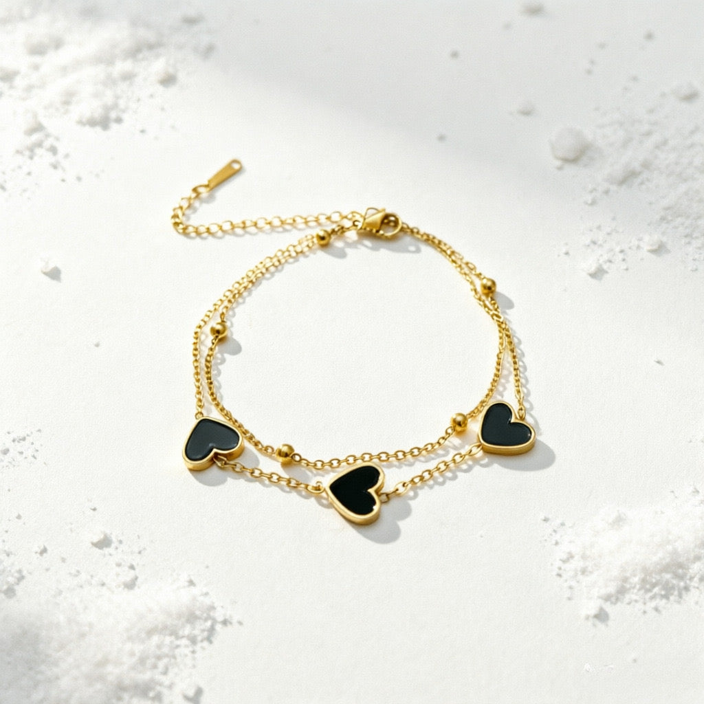 Pulsera 2 en 1 corazones negros- acero inoxidable
