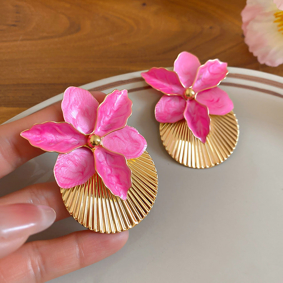 Aretes flores rosadas- acero inoxidable