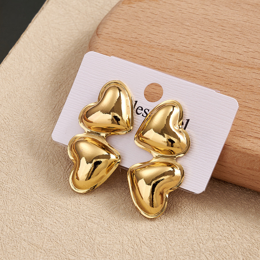 Aretes de corazones dobles - acero inoxidable