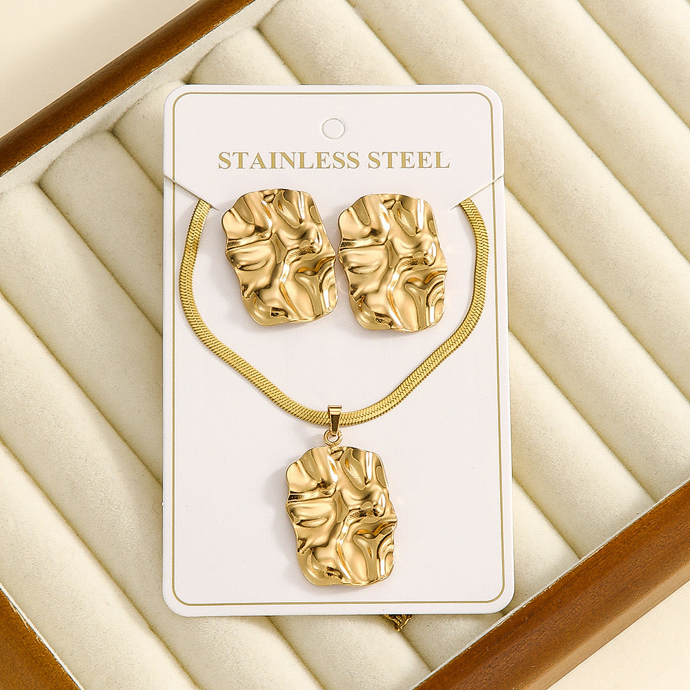 Set de collar + aretes textura - acero inoxidable