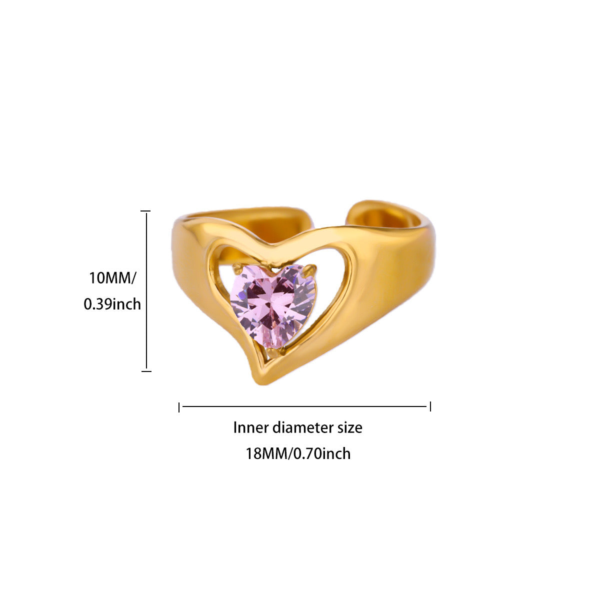 Anillo ajustable de corazón rosa- acero inoxidable