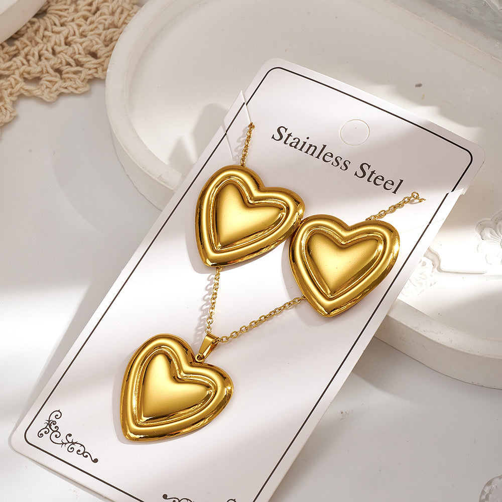 Set de collar + aretes corazones- acero inoxidable