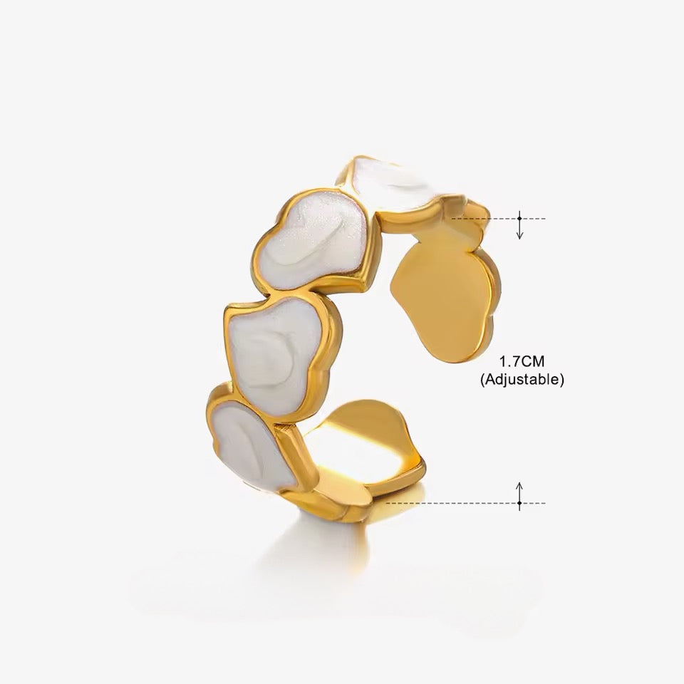 Anillo ajustable dorado corazones blancos - acero inoxidable
