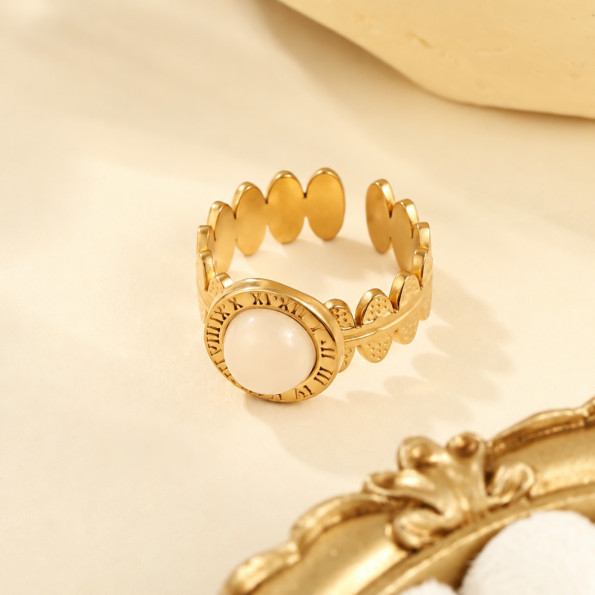 Anillo ajustable perla blanca - acero inoxidable