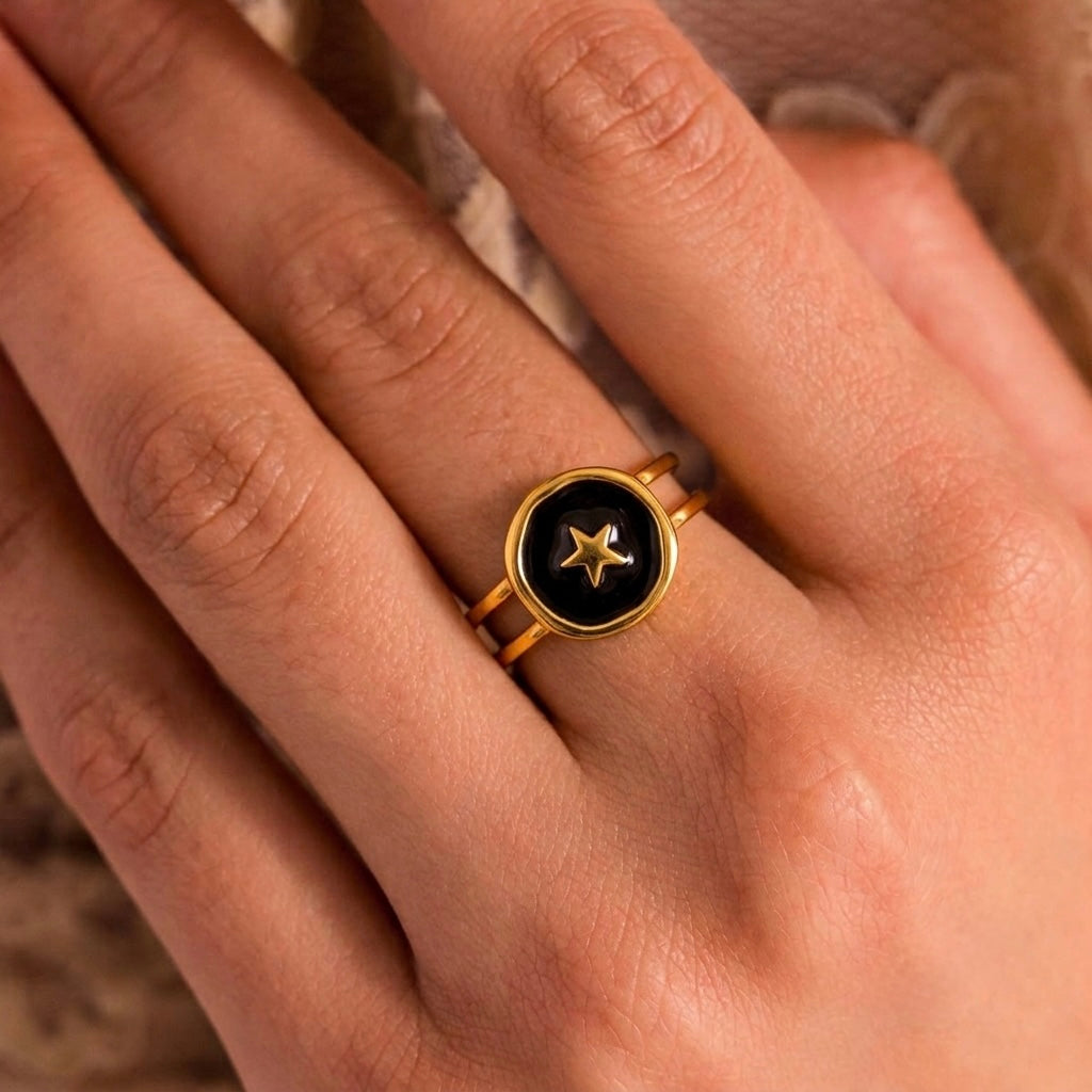Anillo ajustable estrella negra - acero inoxidable