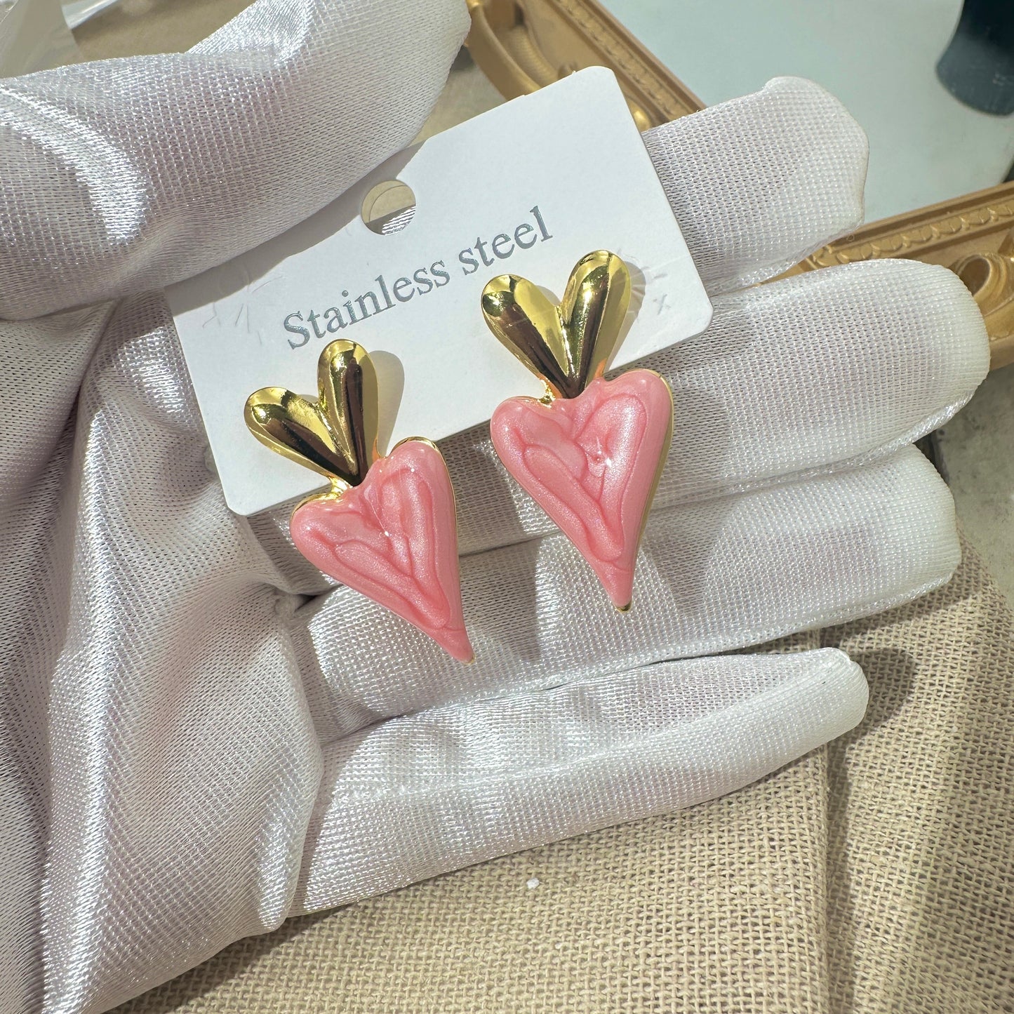 Aretes corazones rosa - acero inoxidable