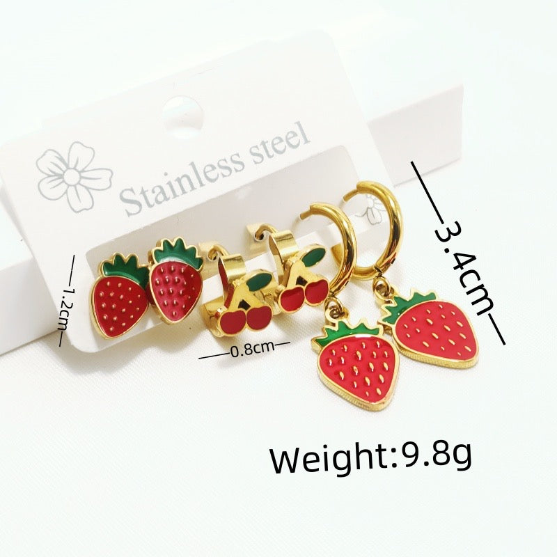 Set de 6 piezas de aretes cerezas - acero inoxidable
