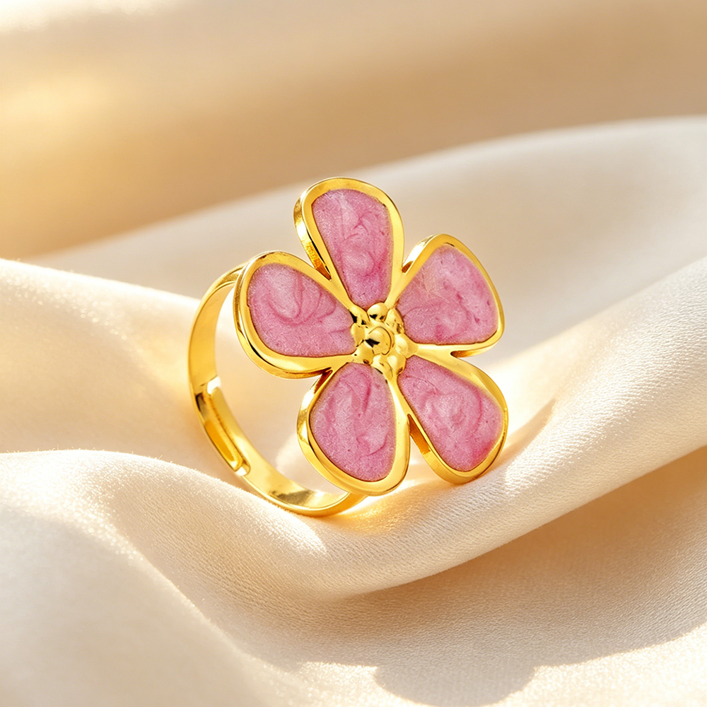 Anillo ajustable flor rosada - acero inoxidable