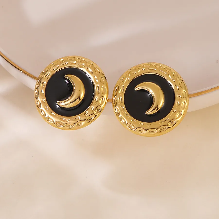 Aretes Luna dorado con negro - acero inoxidable
