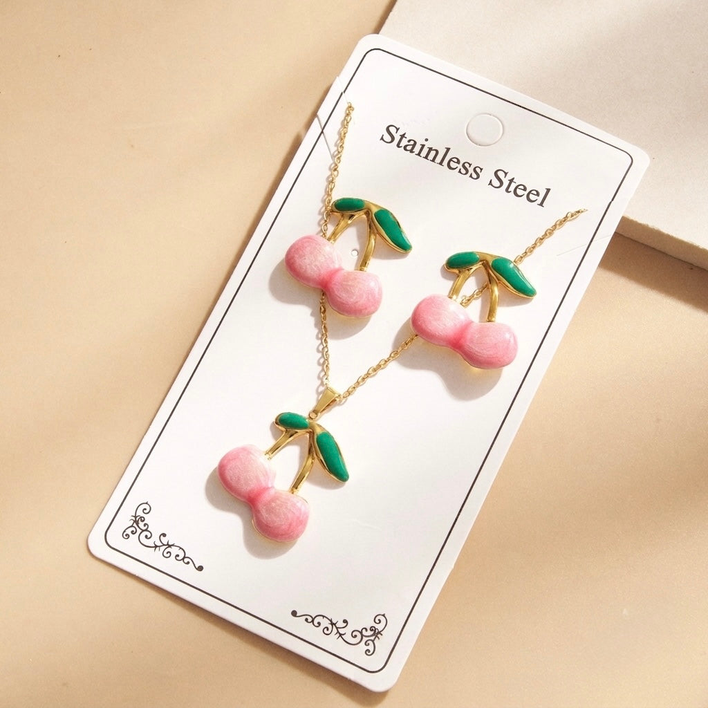 Set de collar + aretes cerezas- acero inoxidable