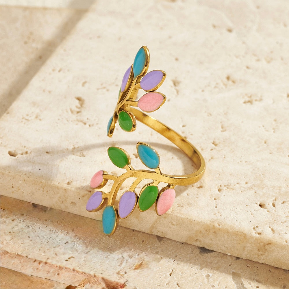 Anillo hojitas de colores mod 1- acero inoxidable