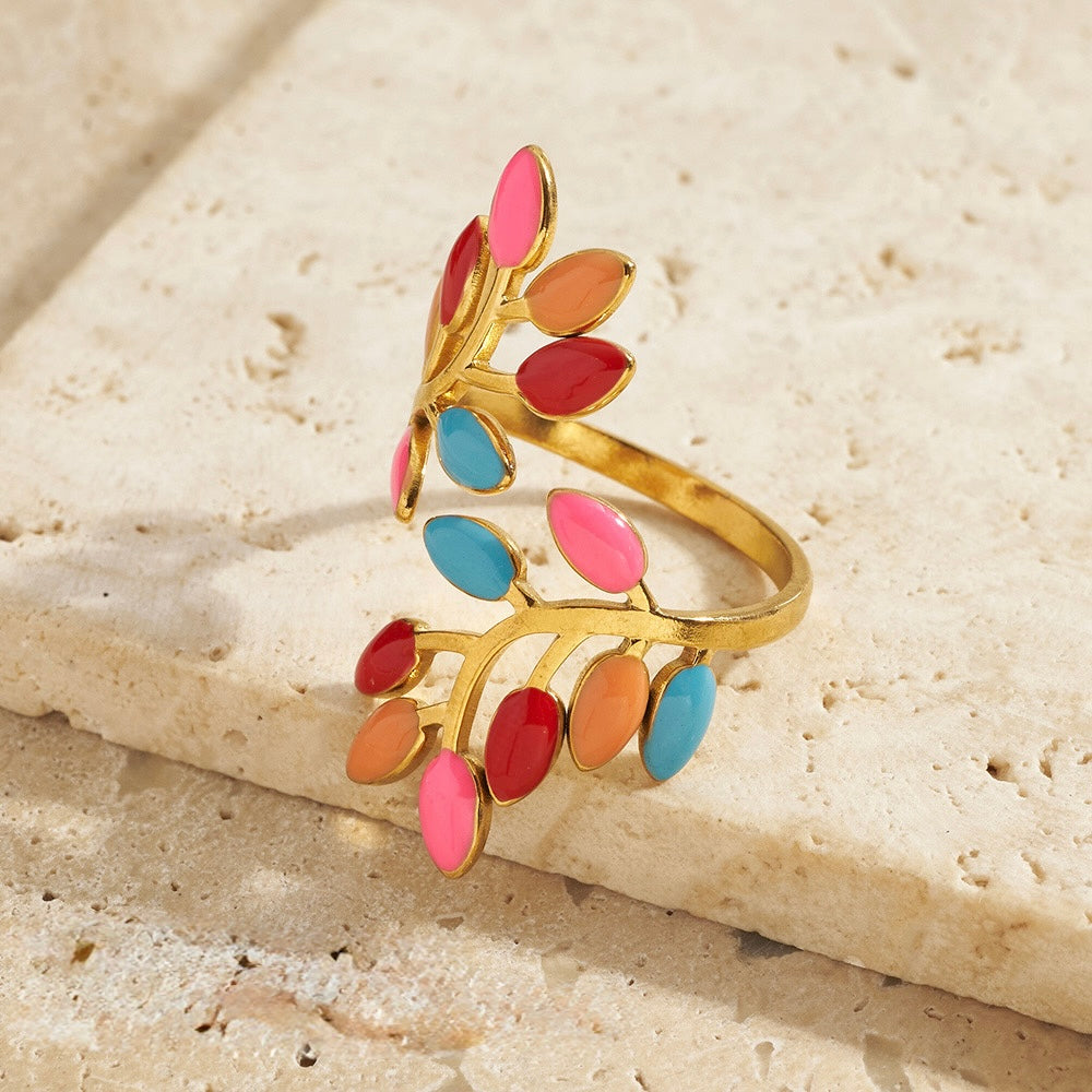 Anillo hojitas de colores mod 2- acero inoxidable