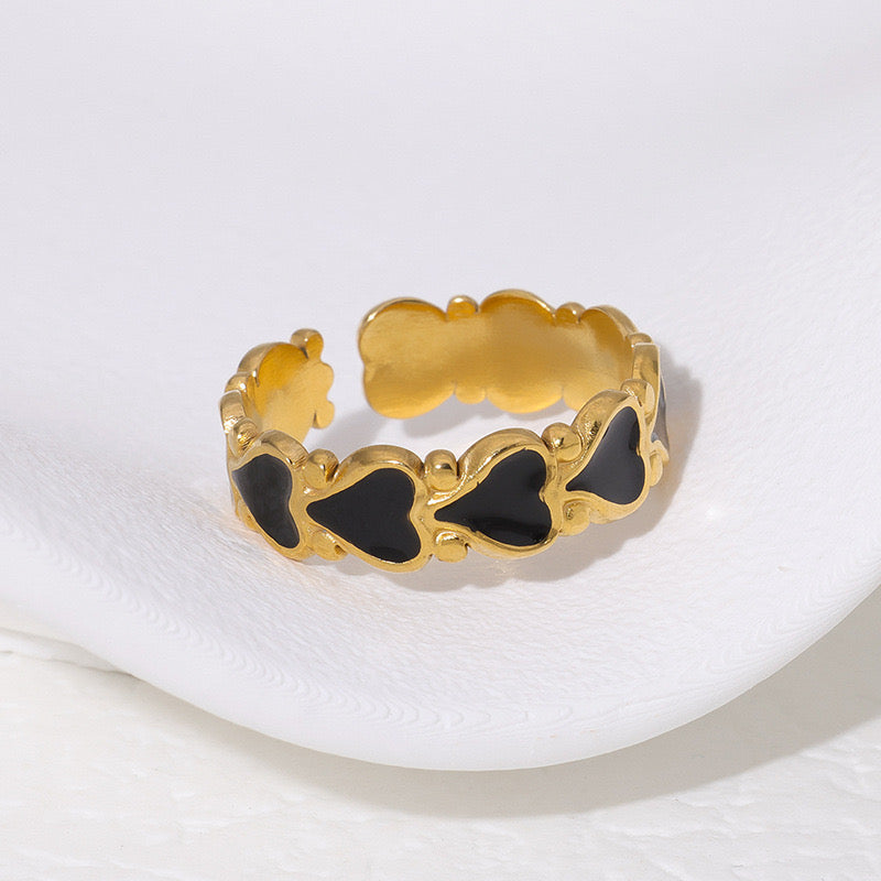Anillo ajustable de corazones negros - acero inoxidable
