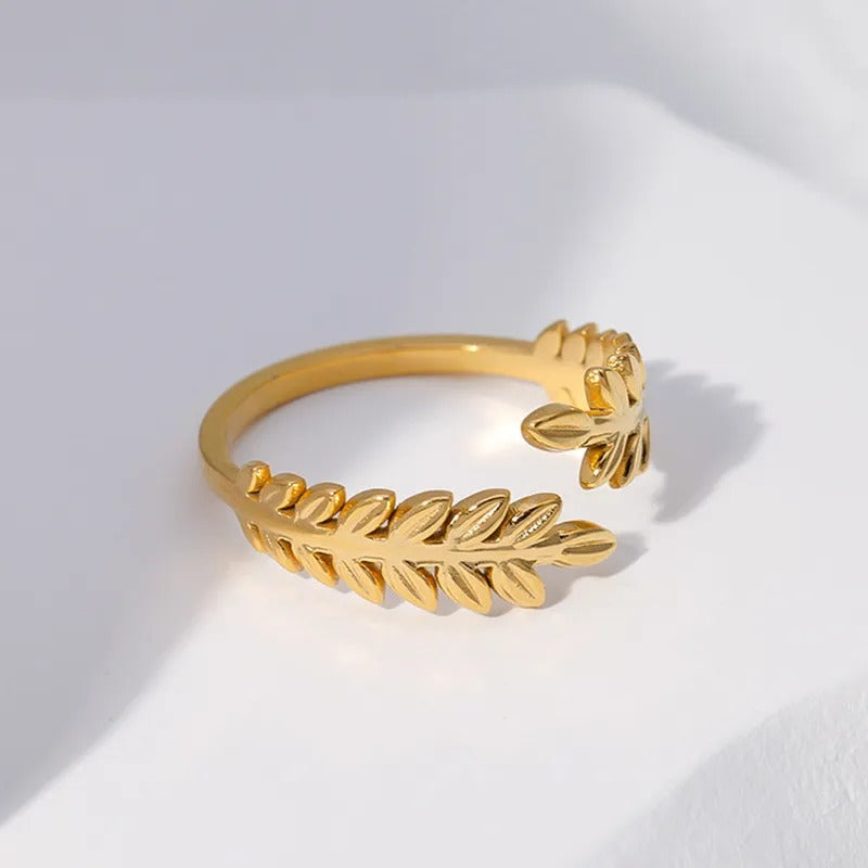 Anillo ajustable de hojas doradas - acero inoxidable