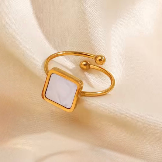 Anillo ajustable cuadrito blanco- acero inoxidable