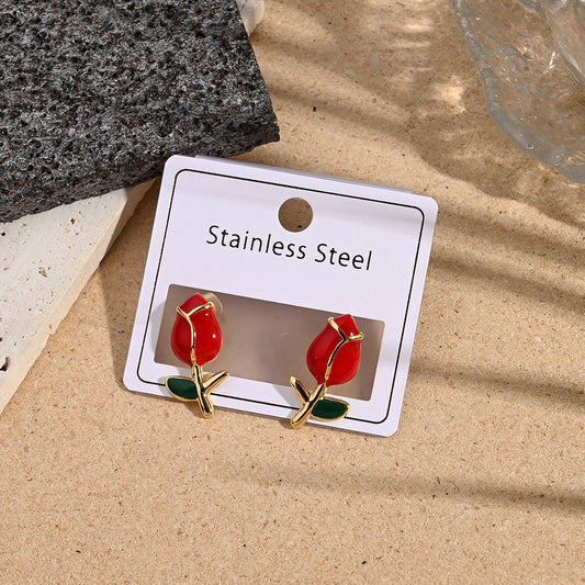 Aretes rosas rojas - acero inoxidable