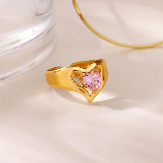 Anillo ajustable de corazón rosa- acero inoxidable