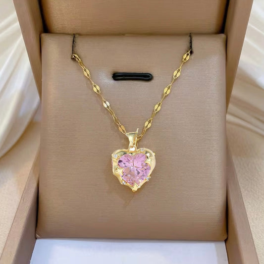 Collar corazón rosado  - acero inoxidable dorado