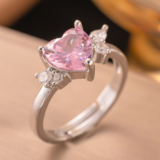 Anillo ajustable plateado corazón rosa  / Acero inoxidable