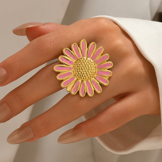 Anillo ajustable chunky flor rosada-acero inoxidable