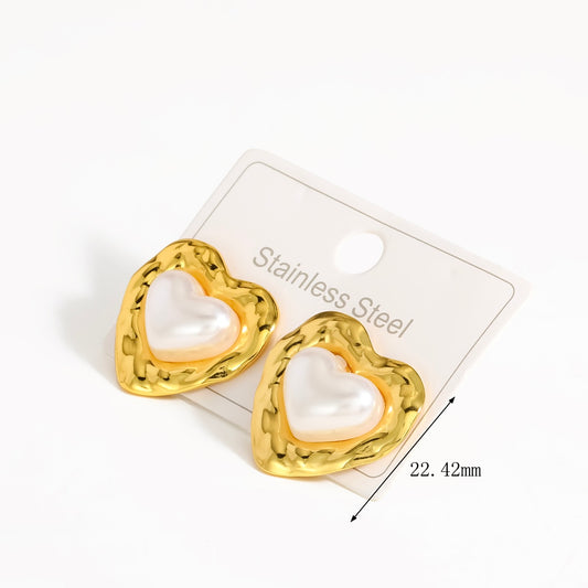 Aretes corazones y perla - Acero inoxidable