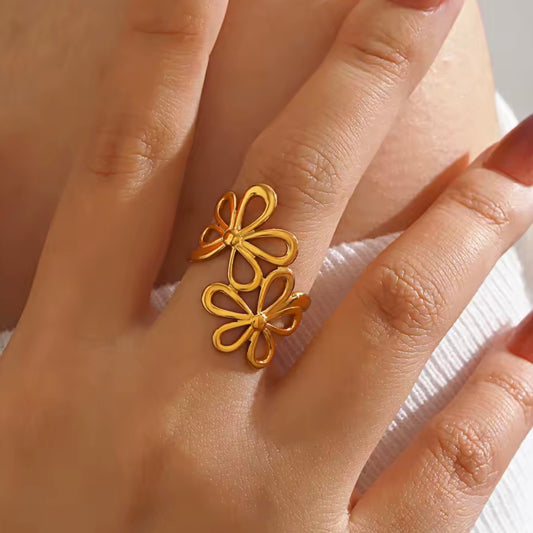 Anillo ajustable doble flor - acero inoxidable