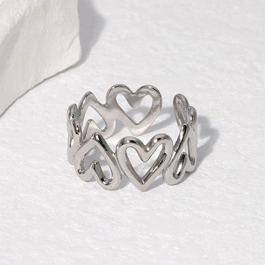 Anillo ajustable de corazones plateados - Acero inoxidable