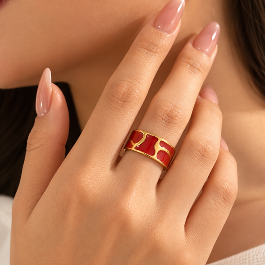 Anillo ajustable rojo y dorado - acero inoxidable