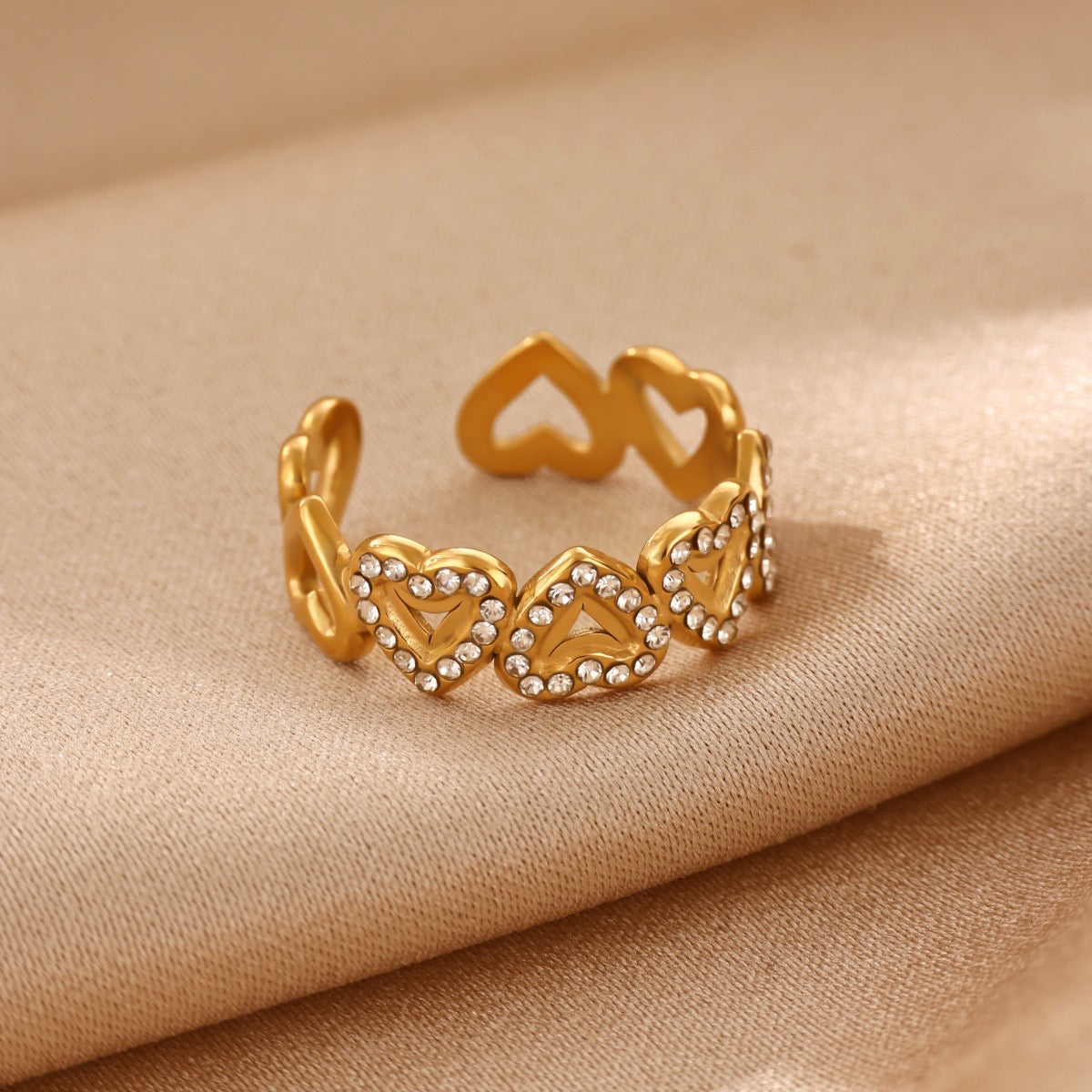Anillo ajustable corazón con pedrería - acero inoxidable