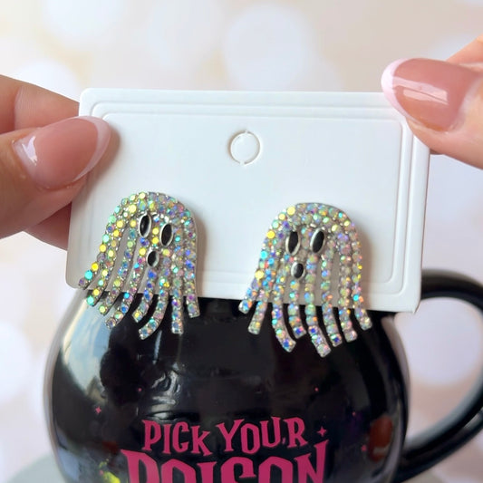 Aretes de fantasmitas con pedrería plateada tornasol