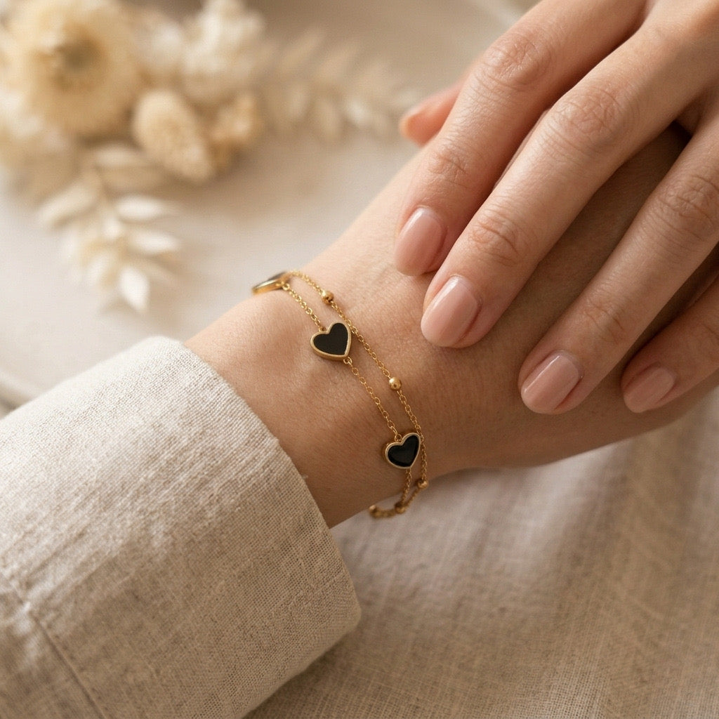Pulsera 2 en 1 corazones negros- acero inoxidable