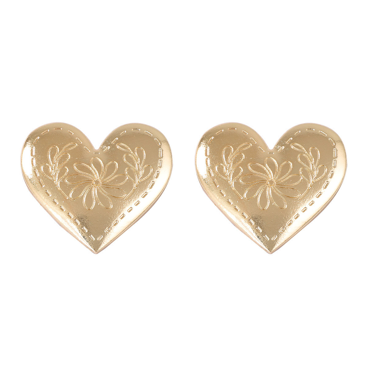 Aretes corazones dorados con flor grabada