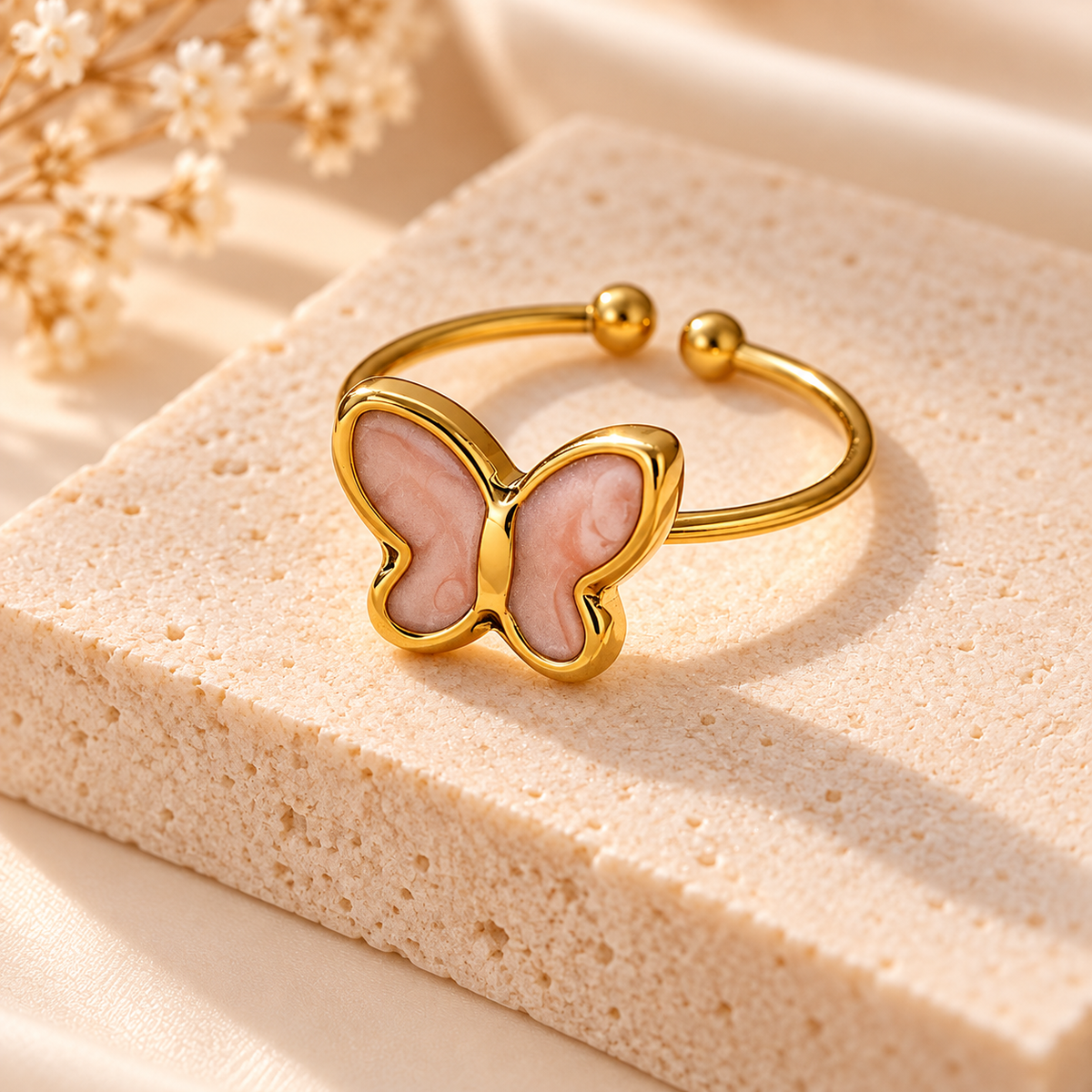 Anillo ajustable mariposa rosa - acero inoxidable