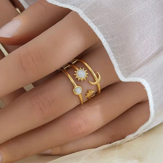 Anillo ajustable sol y luna - acero inoxidable