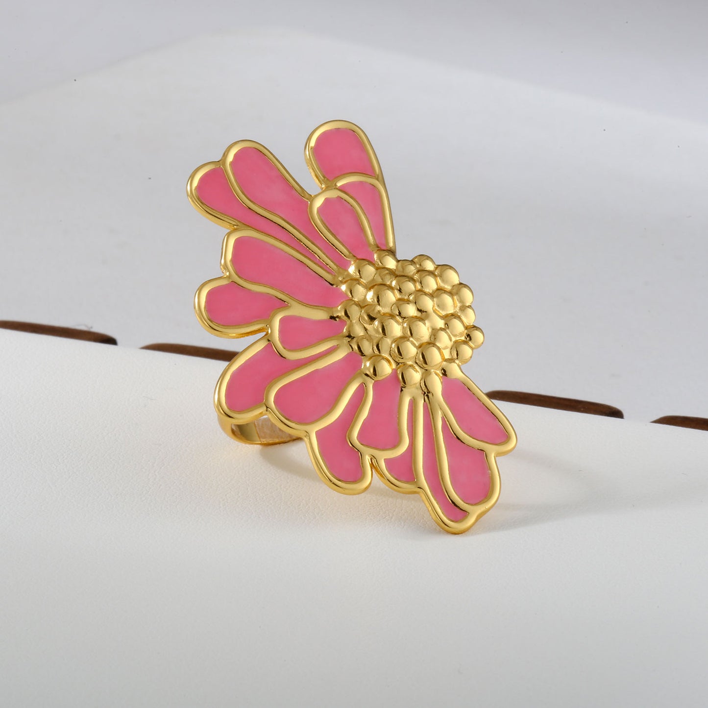 Anillo ajustable chunky mediaflor rosada-acero inoxidable