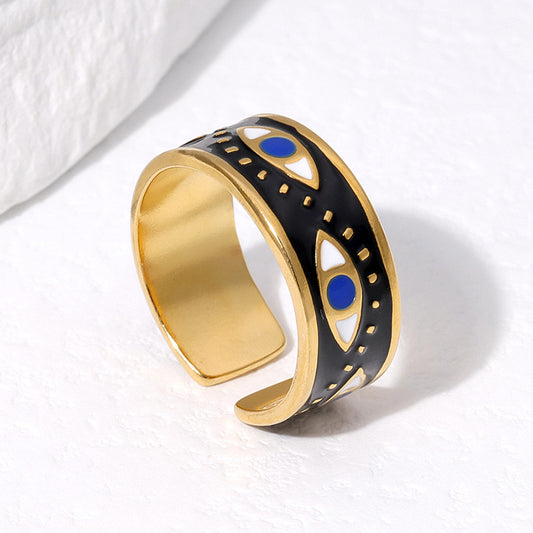 Anillo ajustable negro con ojos - acero inoxidable
