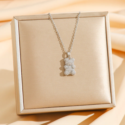 Collar de osito de pedrería plateada - acero inoxidable