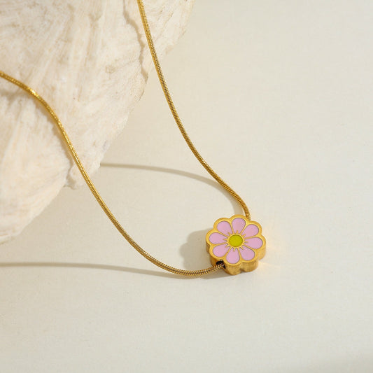 Collar flor rosa  - acero inoxidable