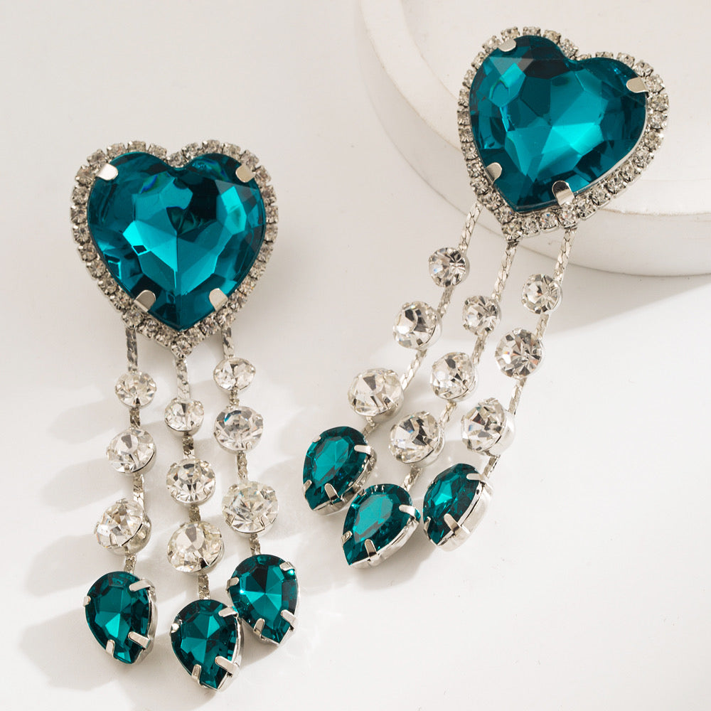 Aretes largos de corazón - azul turquesa