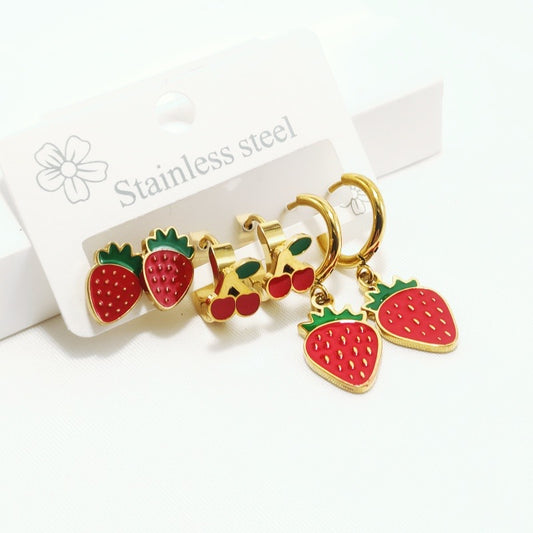 Set de 6 piezas de aretes cerezas - acero inoxidable