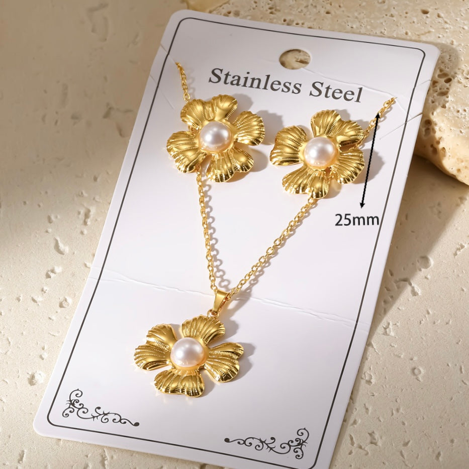 Set de collar+aretes flores mod2- acero inoxidable
