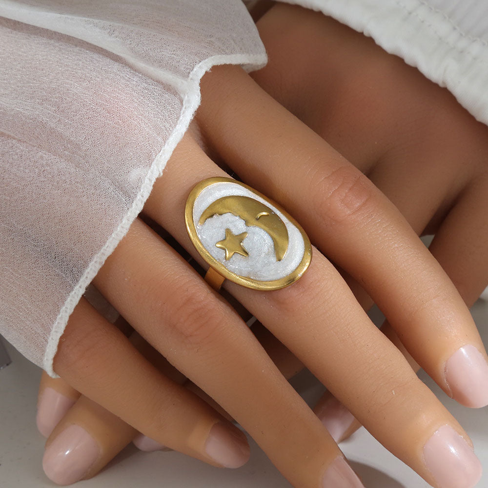 Anillo blanco luna-estrella - acero inoxidable