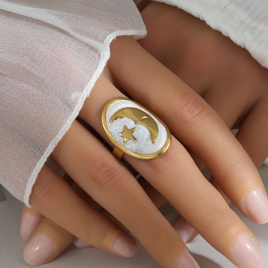 Anillo blanco luna-estrella - acero inoxidable