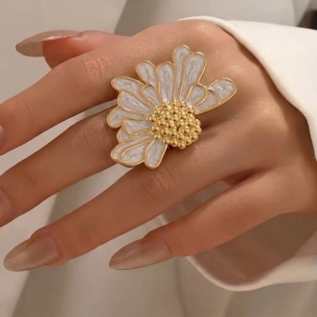Anillo ajustable chunky mediaflor blanca -acero inoxidable