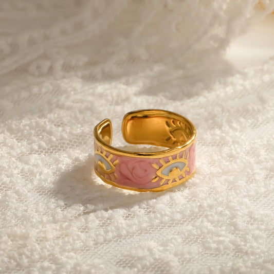 Anillo ajustable ojitos (rosado) - acero inoxidable