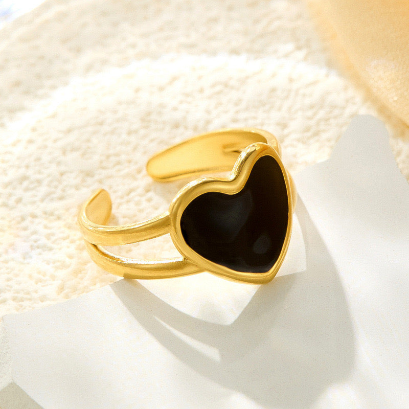 Anillo ajustable corazón negro  - acero inoxidable
