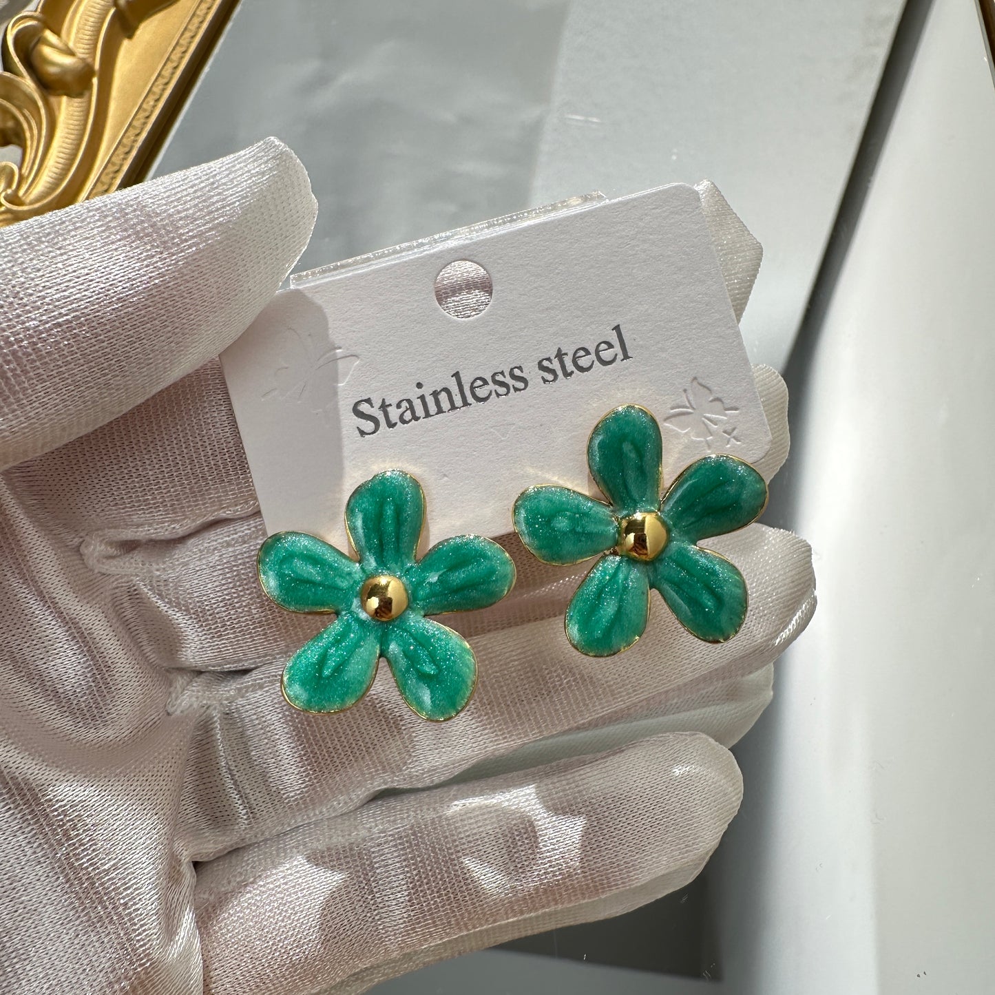 Aretes flores verdes - acero inoxidable