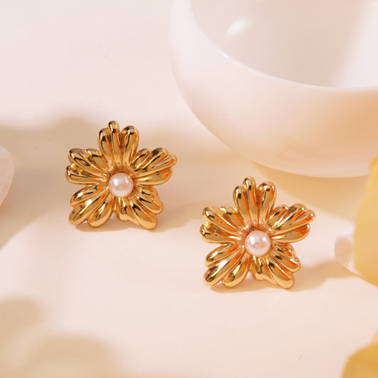 Aretes flor con perla- acero inoxidable